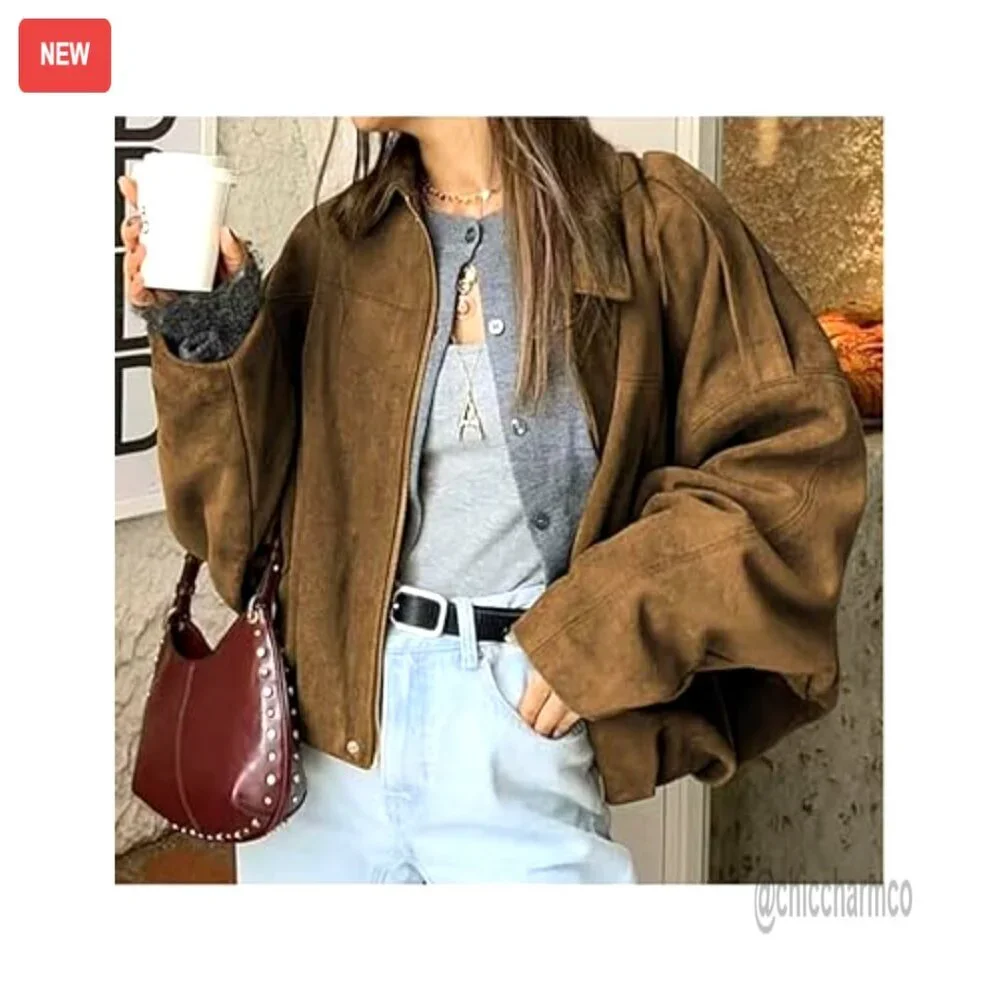 Cropped Suede Bomber Jacket Long Sleeve Zipper Y2K Pilot Outerwear - Picture 2 of 7